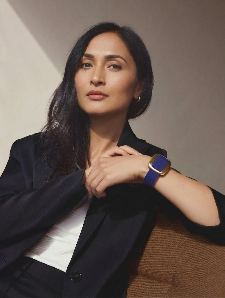Woman wearing a navy cooling bracelet