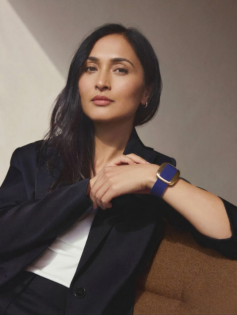 Woman wearing a navy cooling bracelet
