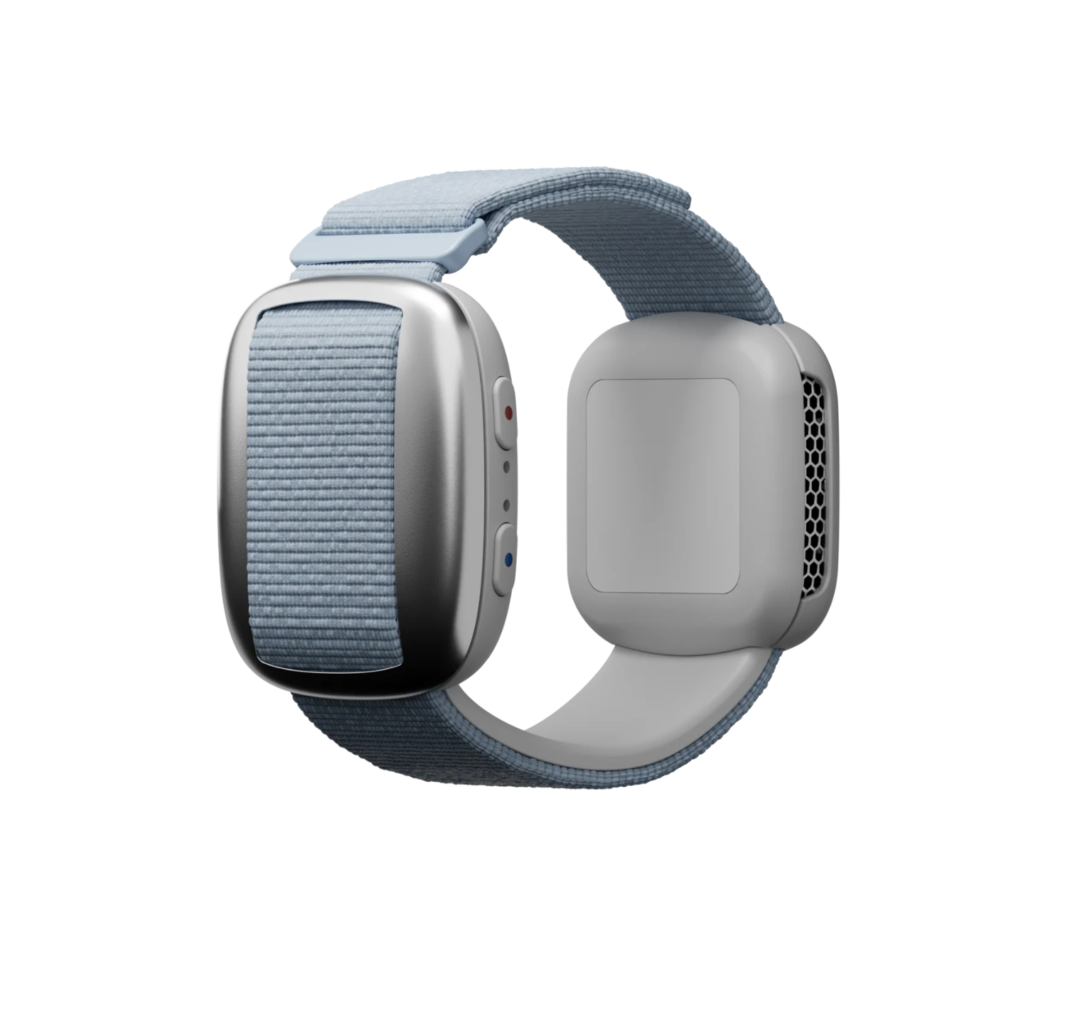 Cooling Bracelet shown from both sides, with the control buttons and the ventilated contact module