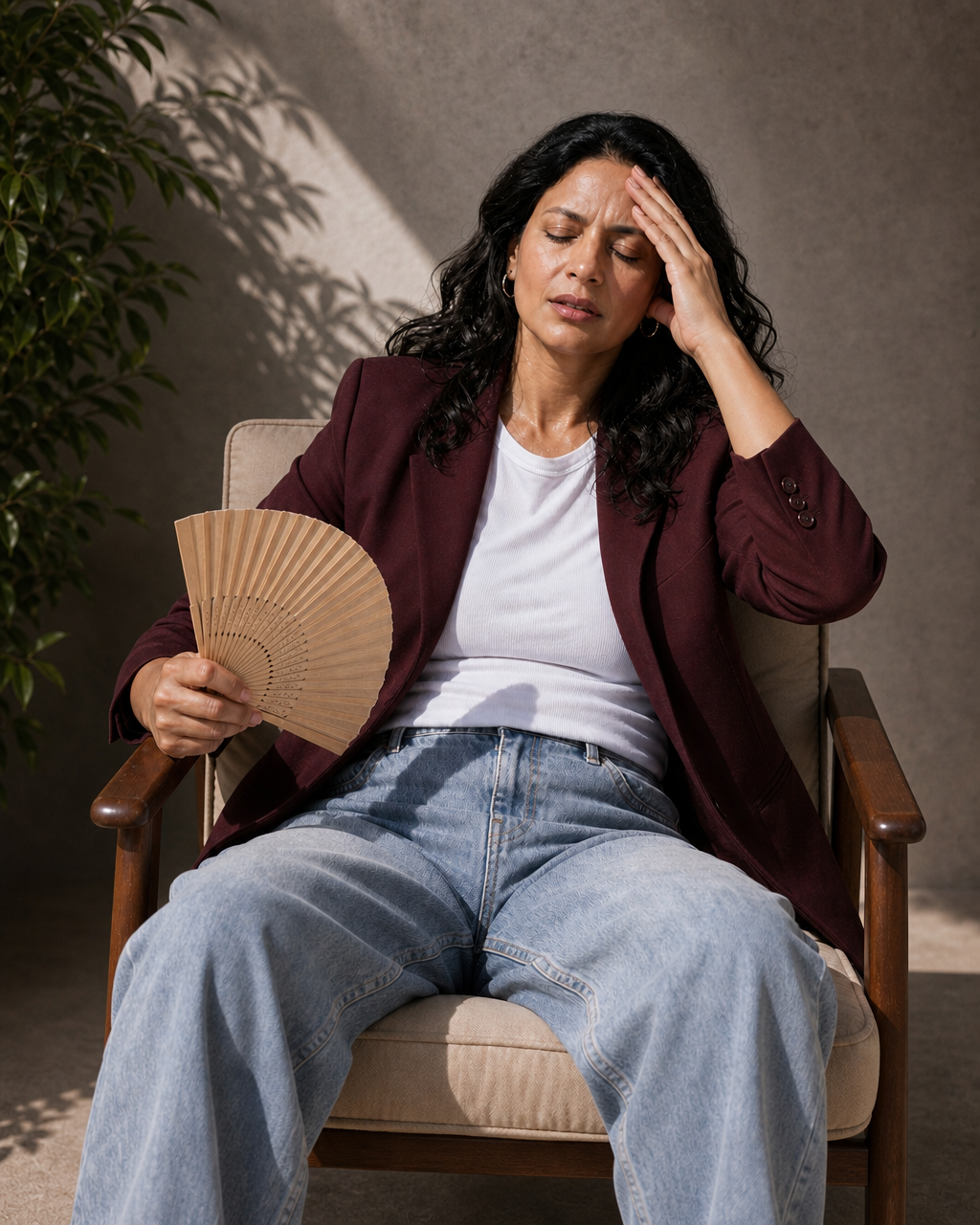 Woman seated with a handheld fan during a hot flush