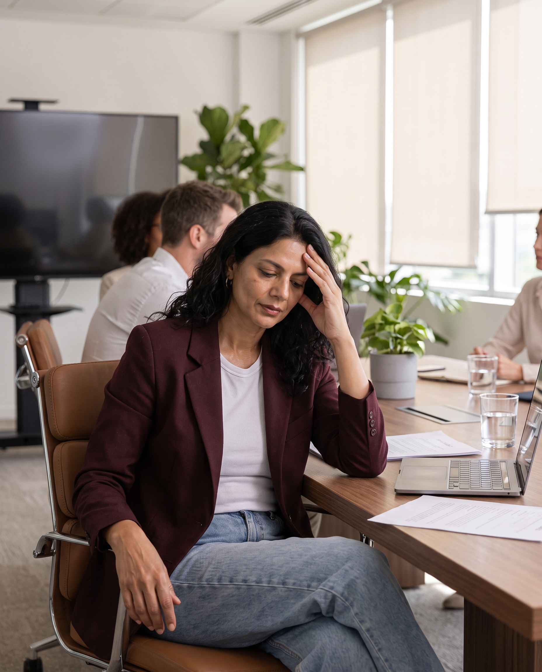 Woman in a work meeting, hand to her forehead as heat rises