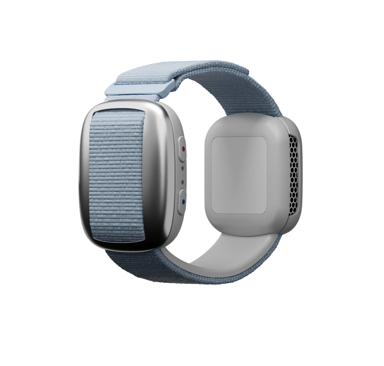 Cooling Bracelet shown from both sides, with the control buttons and the ventilated contact module